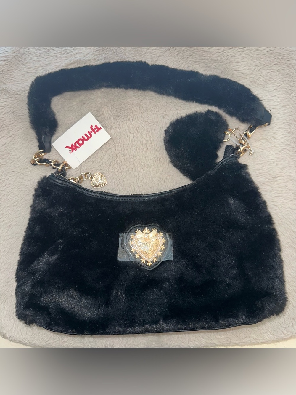 Juicy Couture LIQUORICE Love Furry Friends Hobo Faux Fur Shoulder Bag - Black